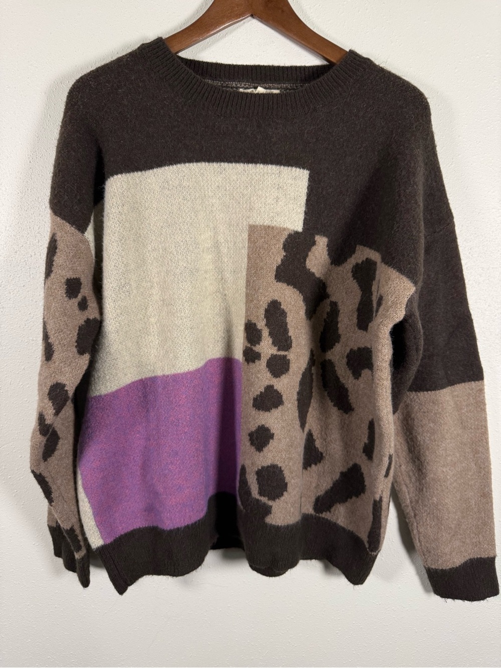 Entro Leopard Colorblock Abstract Crewneck Sweater Brown Purple L